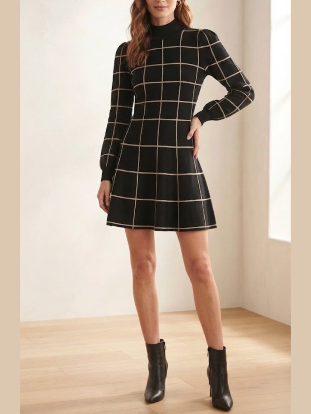 Black Gold Metallic Grid Knit Mini Dress, Mock Neck Puff Shoulder XS NWT
